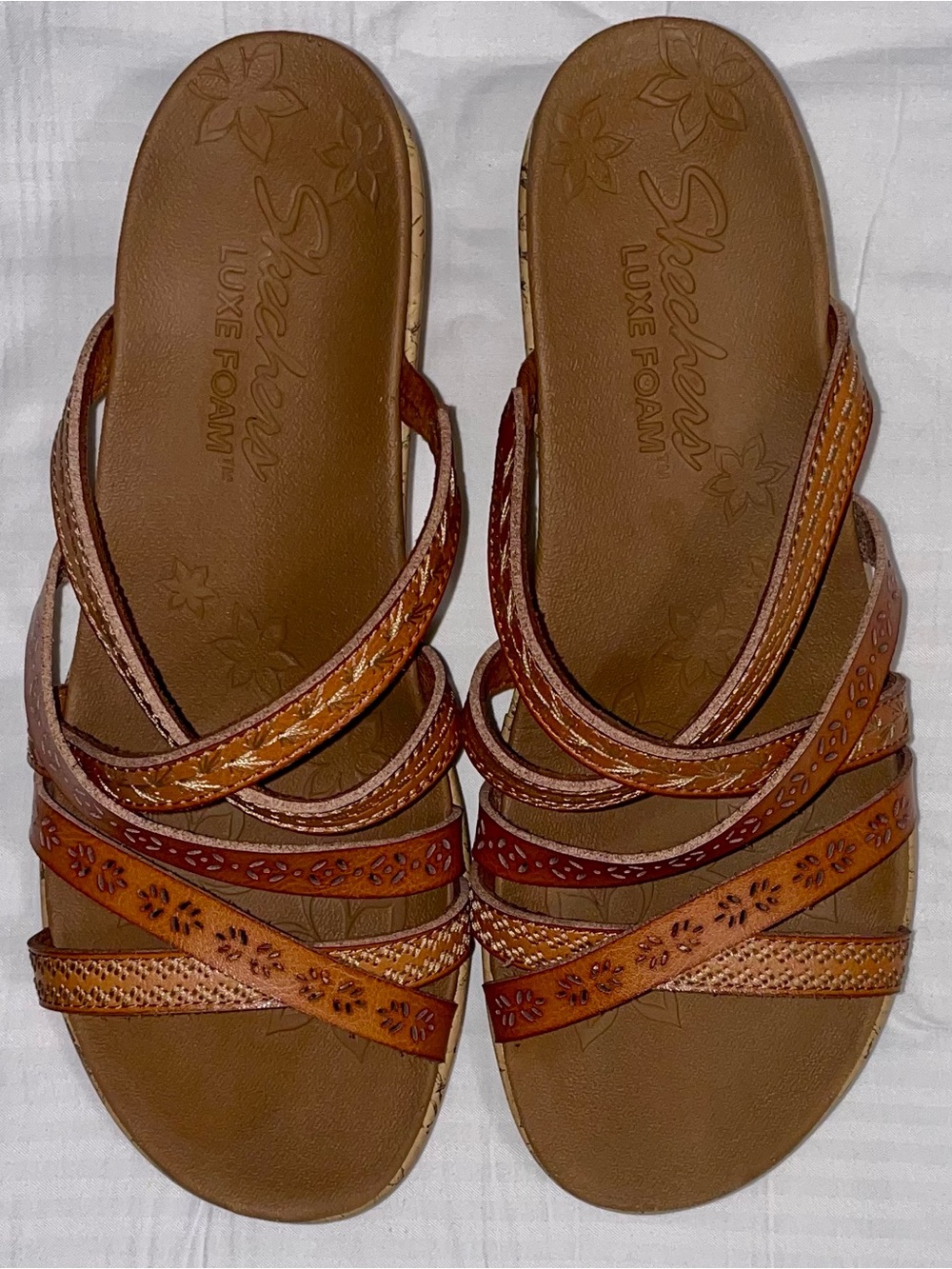 Skechers Women's Beige and Brown Multi-Strap Floral Cutout Sandal